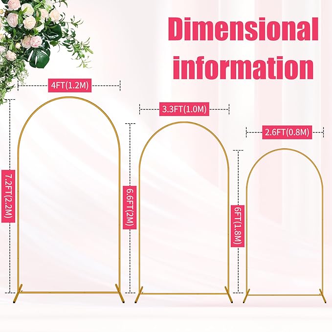 3 Pack Arch Backdrop Stand (7.2FT/6.6FT/6FT), Metal Background Balloon Arch Stand, Baby Shower Backdrop Arch, Gold Arches for Party Decoration