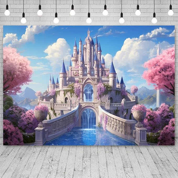 5x3ft Princess Castle Backdrop Pink Floral Blue Sky Photography Background White Cloud Forest Mountain Girls Birthday Baby Shower Banner Decorations Wedding Party Portrait Photo Booth Prop