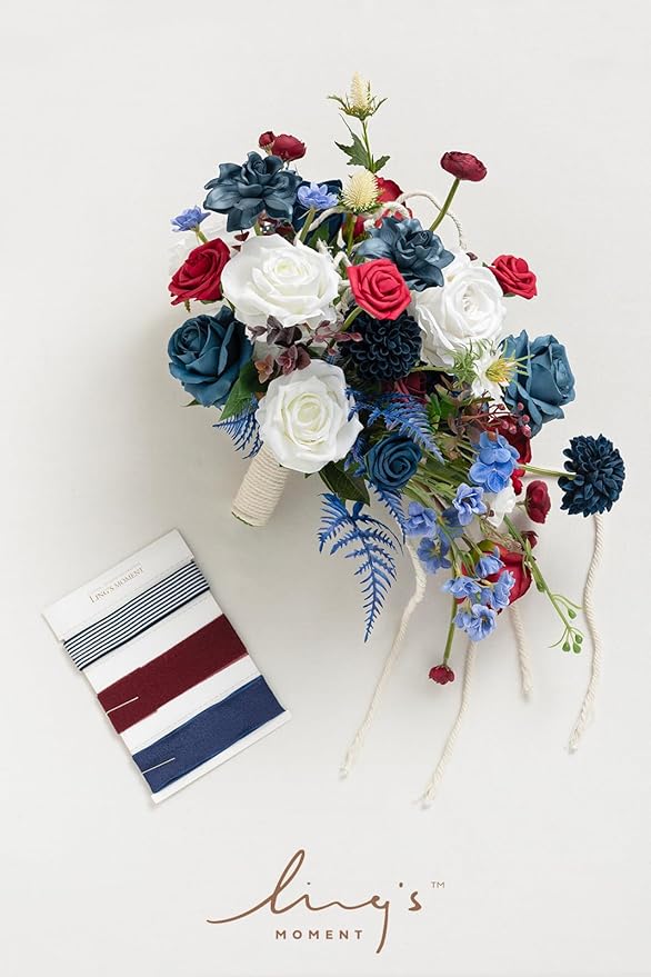Ling's moment Navy Blue Red Bridal Bouquet for Bride, 13 Inch Wedding Bouquets for Bride, Wedding Artificial Flowers Bouquets