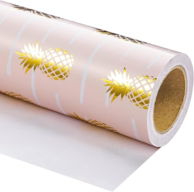 WRAPAHOLIC 30 Inch Jumbo Pineapple Wrapping Paper Roll - 30 Inch x 16.5 Feet - Jumbo Pink and Gold Foil Pineapple Design for Birthday, Wedding, Bridal Shower, Baby Shower