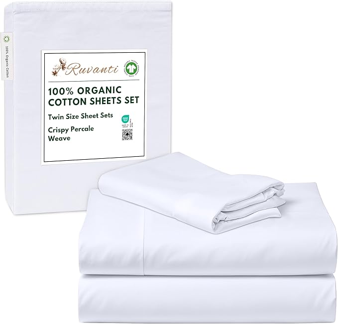 RUVANTI 100% Organic Cotton Sheets Twin Size, Percale Weave, GOTS Certified, 3-Piece Set, Deep Pocket 15", Crisp & Breathable, Soft Durable Bedding, Sábanas Algodón Orgánico – Bright White