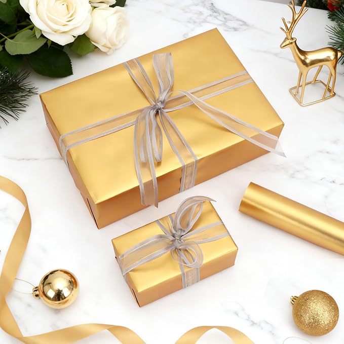 Gold Wrapping Paper, Christmas Gift Wrap Paper, 17inch x 33ft Matte Metallic Solid Color Golden Wrapping Paper Roll for Birthday, Baby Shower, Wedding, Valentine's Day, DIY Invitations, Arts & Crafts