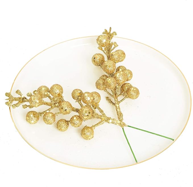 Lvydec 16pcs Christmas Glitter Berries Stems, 7.8" Artificial Christmas Picks for Christmas Tree Ornaments, DIY Xmas Wreath, Crafts, Holiday and Home Decor (Gold)