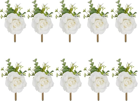 Meldel Ivory Rose Boutonniere for Men,Set of 10,Groom and Best Man Boutonnieres with Artificial Flower,for Wedding Ceremony Anniversary, Formal Dinner Party, Fall Vintage Rustic Marriage Prom