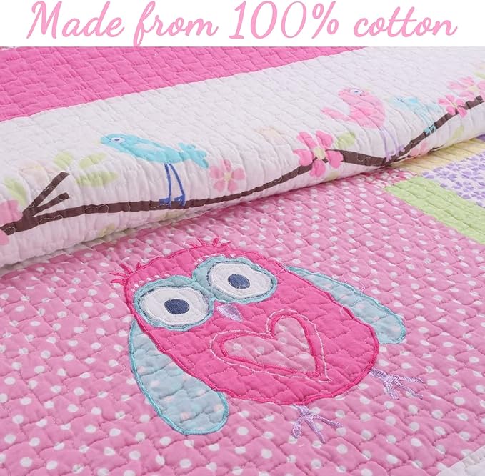 Cozy Line Home Fashions Pink Owl All Season Lightweight 100% Cotton Quilt Set with 5 Decor Pillows-Coverlet Bedding Bedspread for Kids Toddler Girls Bedroom (Owl, Queen - 8 Piece)