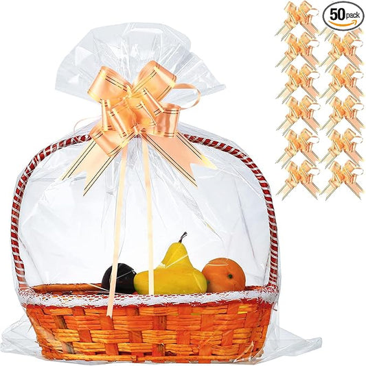50 Packs 32” x 40” Cellophane Bags for Basket Extra-large Jumbo Clear Cellophane Wraps Clear Huge Cello Bags for Baskets, Gifts, Christmas Trees, Treats, Arts and Crafts, 50ct Ribbon Bows