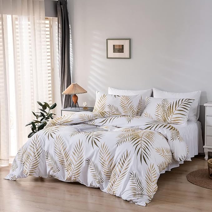 Nayoroom Gold Leaf Duvet Cover King Size Tropical Botanical Leaves Printed on White Bedding Set Soft Lightweight Microfiber Garden Farmhouse Comforter Covers with Zipper Closure Corner Ties