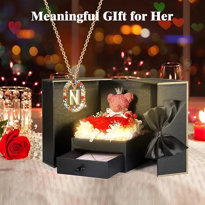 Cute Preserved Real Roses Bear Gift Box for Girlfriend with Initial Necklace N, Unique Birthday Gift for Mom, Her, Grandma, Anniversary Presents for Wife Women