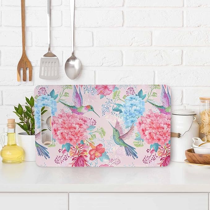 Hummingbirds Cutting Board with Handles Tropical Flowers Bird Pink Cutting Boards Plastic Safe Chopping Board for Kitchen 16" x 10" x 0.24"