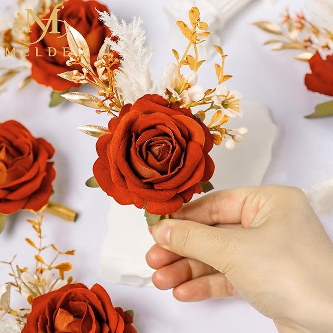 Meldel Burnt Orange Wrist Corsage and Boutonniere Set, Flower On Wrist for Bride Bridesmaid Wedding, Boutonniere for Men Groom Groomsman Wedding Accessories Prom Party Suit Decorations