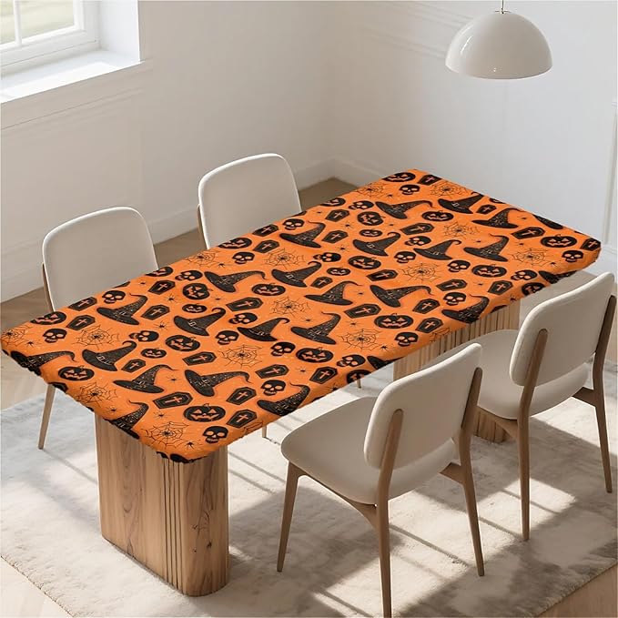 Rectangle Table Cloth Cover Waterproof Elastic Fitted Polyester Fitted Tablecloths for 4 Foot Tables for Indoor,Picnic, Camping, Outdoor （48" x 24"，Halloween Tablecloth）