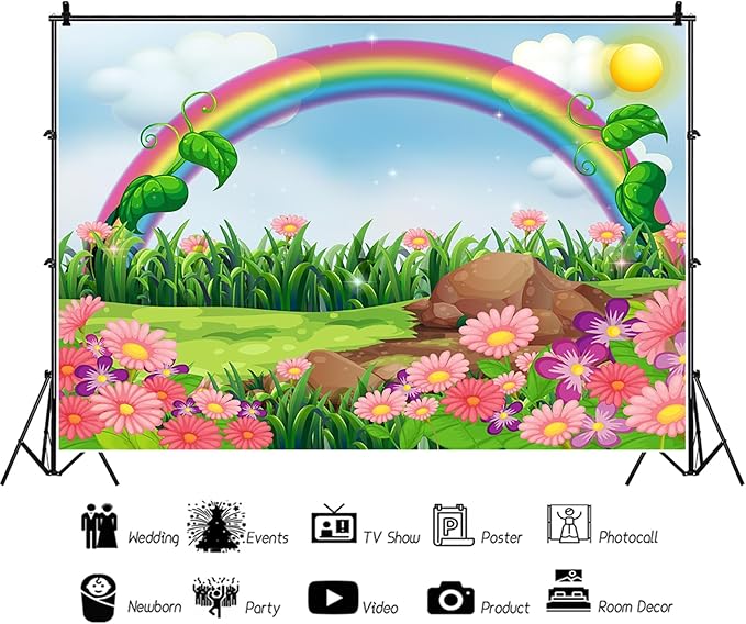 AOFOTO 10x7ft Cartoon Spring Flowers Rainbow Backdrop Meadow Sweet Floral Blossom Sky Sun Enchanting Garden Scenery Background for Kids Baby Shower Birthday Party Decor Wallpaper Photoshoot Props