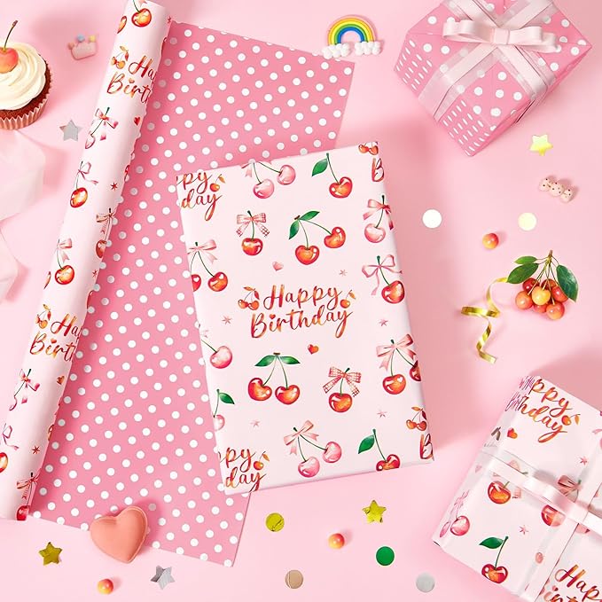 WERNNSAl Cherry Bow Wrapping Paper Roll- 1 Roll 17” x 33 ft Cherry Bow Tie Ribbon Gift Wrapping Paper for Girls Women Birthday Pink Birthday Wrap Paper with Polka Dot Design for Party Supplies
