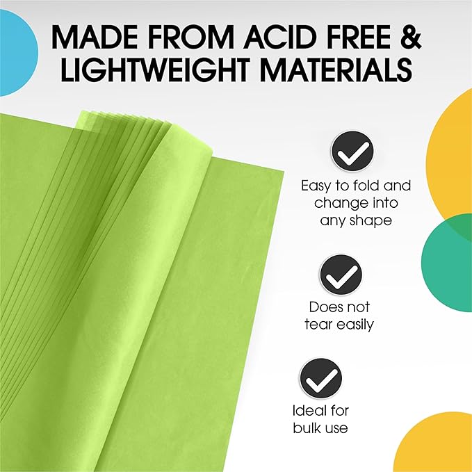 Party Solids Lime Green Tissue Paper for Gift Bags - 15" X 20" Bulk Tissue Paper Lime Green 480 Sheets - 10lb Newsprint for Packing, Birthday Gift Box Filler, Packing Supplies for Moving Supplies
