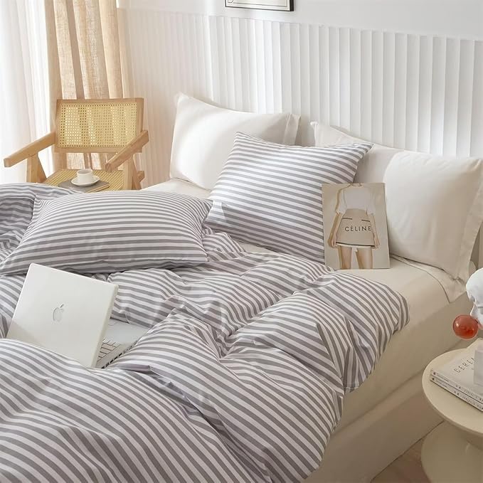 Striped Comforter Set Twin XL Size Grey White Stripes Pattern Comforter Fluffy Bed Set for Men Boys 3 Pieces Lightweight Bedding Comforter Set for All Seasons Soft Fluffy Comforter with 2 Pillowcases