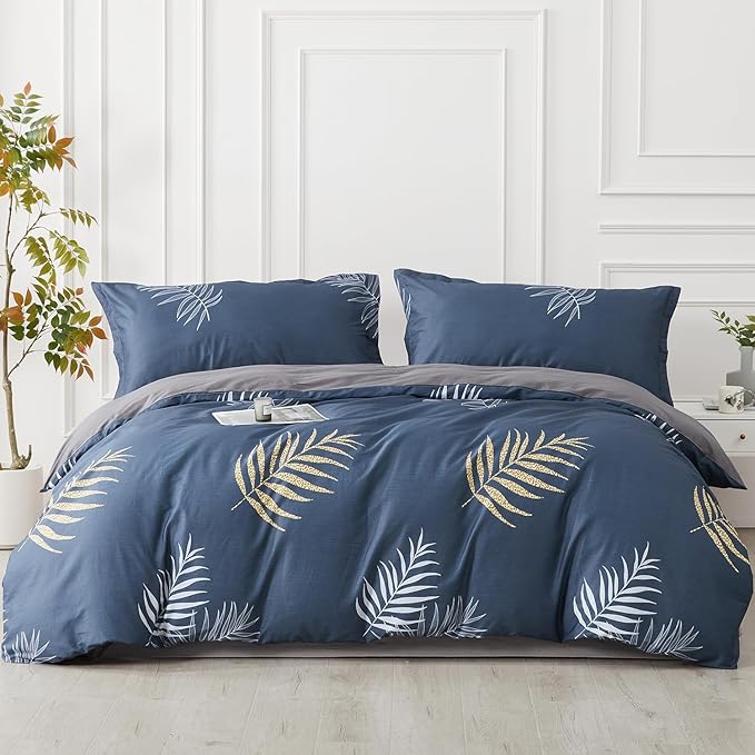 SAPHREAS Navy Blue Leaf Duvet Cover Set Full Size 3pcs Tropical Botanical Monstera Leaf Pattern Bedding Comforter Cover Set 100% Cotton 1 Duvet Cover 2 Pillow Shams