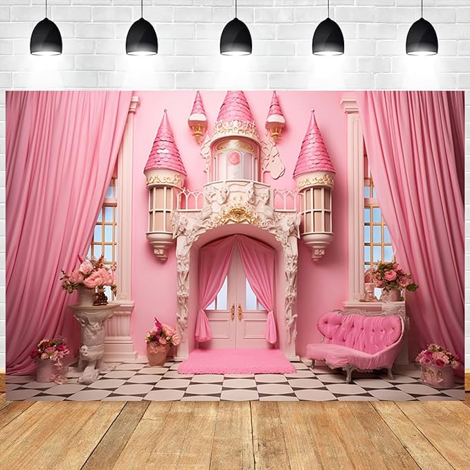 7x5ft Pink Princess Castle Backdrop Curtain Window Door Room Interior Background for Photography Sofa Flowers Vases Banner Decorations Girl Kids Birthday Baby Shower Party Photo Booth Props