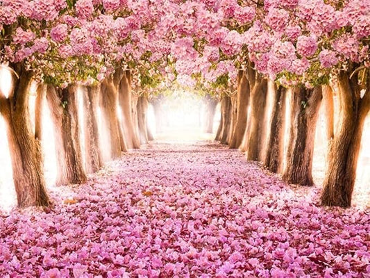 AOFOTO 15x10ft Spring Cherry Blossom Backdrop Sweet Pink Flowers Tree Floral Petal Boulevard Photography Background Baby Shower Photo Studio Props Girl Infant Adult Artistic Portrait Vinyl Wallpaper