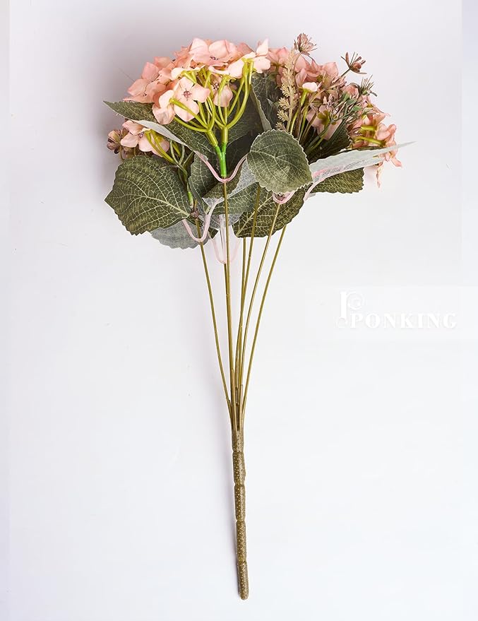 Hydrangea Artificial Flower 3pcs Realistic Faux Silk Hydrangeas Fake Flowers Bouquets Arrangements Decor for Wedding Spring Mother's Day, Home Table Decorations, Pink Champagne Flower