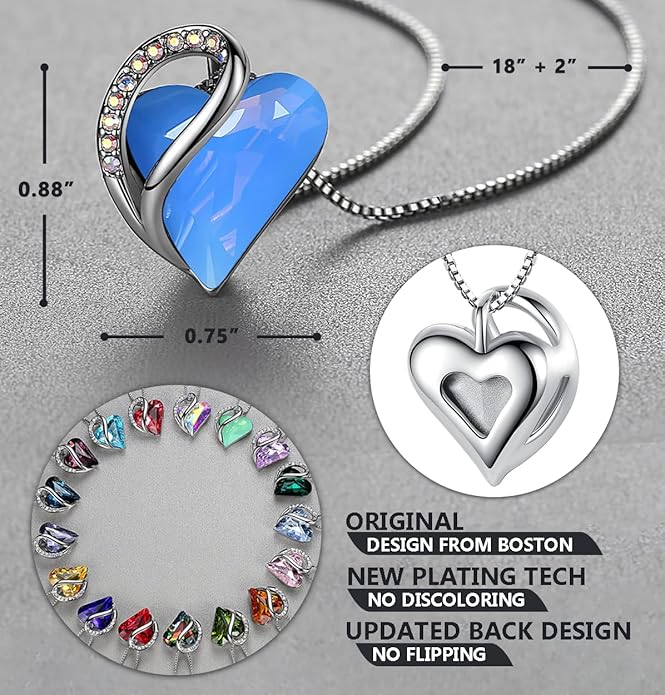 Leafael Necklaces for Women, Infinity Love Birthstone Heart Crystal Pendant, Birthday Jewelry Gifts for Her, Mom, and Wife, Silver Plated, 18 plus 2 inch Adjustable Chain
