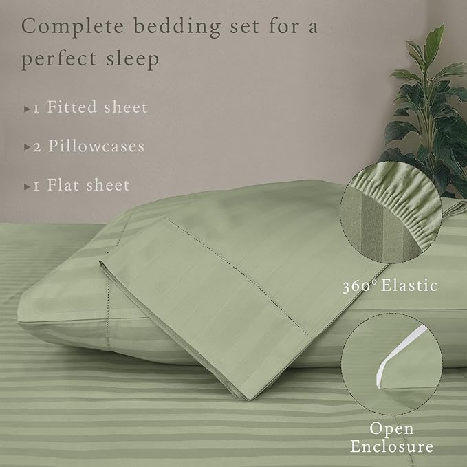 Threadmill 500 Thread Count King Size Damask Stripe, 4 Pc Luxury Cotton Bed Sheet Set, Silky Soft Sage Green Sheets with 16" Elasticized Deep Pocket, 2 Pillowcases & Free Tote Bag