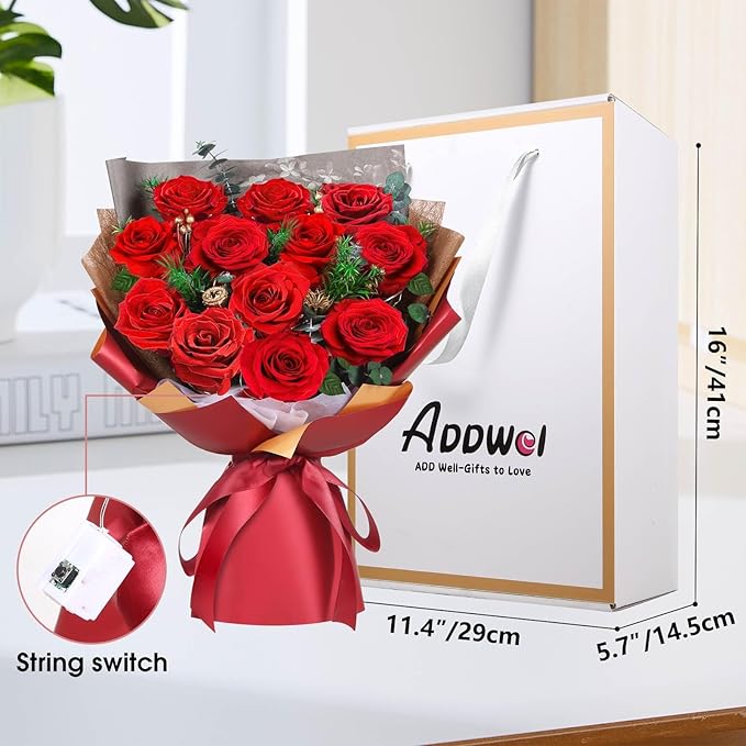 ADDWel 12 Preserved Red Roses Bouquet - Real Roses That Last 3+ Years, Romantic Christmas, Anniversary & Birthday Gifts for Wife, Girlfriend - A Dozen Flowers for Delivery, Present for Her, Mom