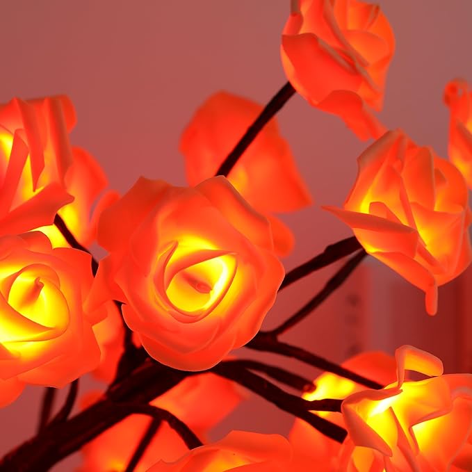 Drawelry Rose Flower Tree Lamp - LED Rose Tree Table Lamp USB/Battery Powered Artificial Bonsai Flower Night Light for Bedroom Living Room Party Wedding Birthday Decor (Orange)