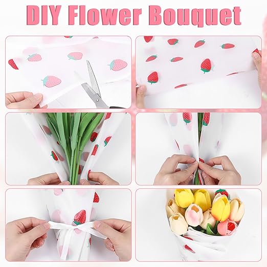 20 Sheets Bouquet Wrapping Paper, 22.4Inch White Strawberry Pattern Flower Floral Wrapping Paper White Floral Paper for Bouquets Kit, Waterproof Decorations with Ribbon for DIY Crafts Wedding Birthday Party
