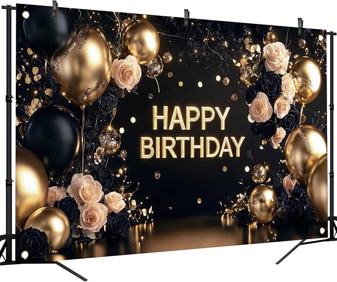Black Gold Happy Birthday Backdrop Banner Elegant Rose Floral Balloon Photography Background Luxury Birthday Party Decoration Banner Photo Booth Props 71x43 Inch