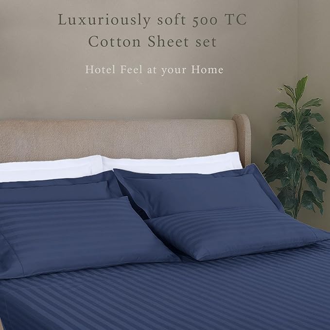 Threadmill 500 Thread Count Queen Size Damask Stripe, 4 Pc Luxury Cotton Sheet Set, Silky Smooth Folkstone Blue Sheets with 16" Elasticized Deep Pocket, 2 Pillowcases & Free Tote Bag