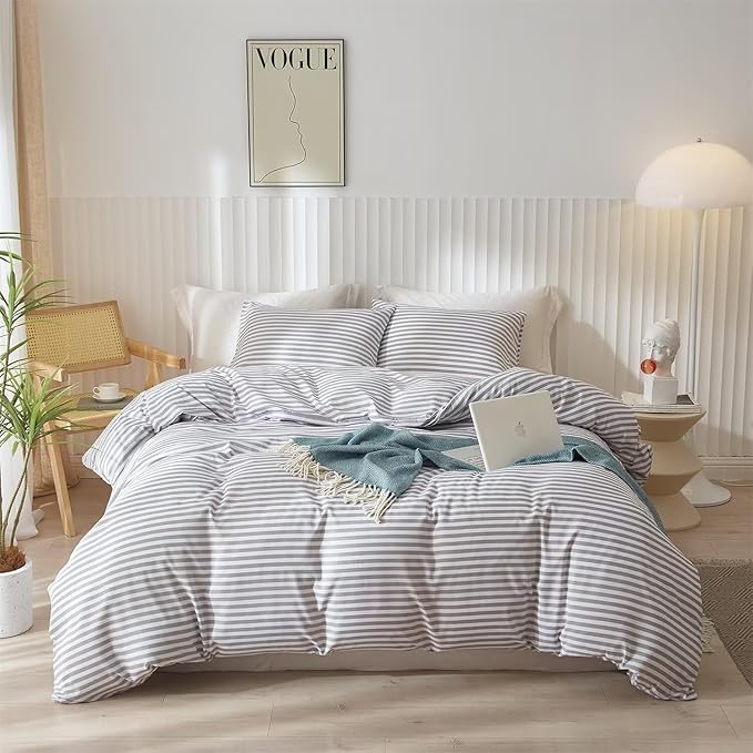 LifeTB Grey Striped Comforter Set Full Modern Style Stripes Pattern Comforter for Men Boy Teen Geometric Grey White Stripe Printed Boho Bedding Comforter for All Season Fluffy Soft Full Comforter Set