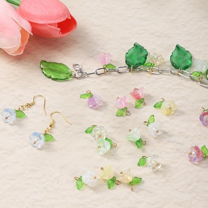 60Pcs Glass Flower Charms for Jewelry Making, Crystal Glass Floral Pendants Gold Floral Beads Charms Transparent Blooming Rose Dangle Charm for Jewelry Making Bracelet Earring Necklace Craft