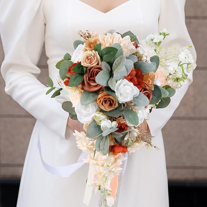 Wedding Bouquet, 11 Inch Terracotta Wedding Decor Artificial Flowers Bridal Bouquet Cascading Wedding Bouquets for Bride for Wedding Ceremony and Anniversary(Chic Terracotta)