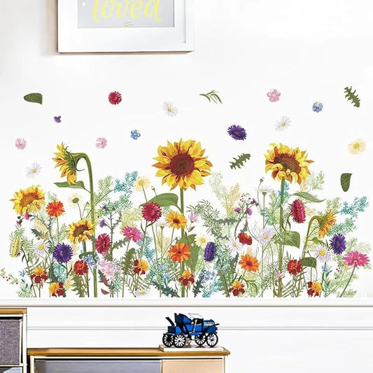 12x36 Inch Set - Floral Wall Decals for Decor, Watercolour Weeds Wildflower Wall Stickers Decals, Colorful Flower Floral Wallpaper Mural for Nursery Kitchen Home (Floral Design #8)