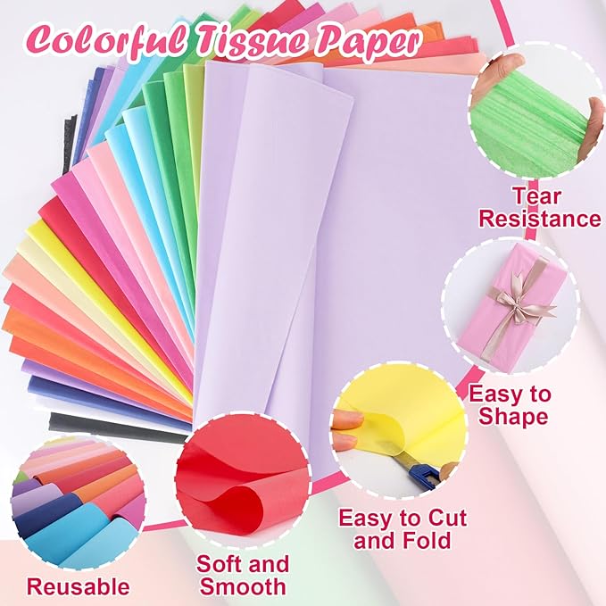 1200 Sheets Tissue Paper, 20 Colors 10" X 14" Tissue Papers for Gift Bags Birthday Party Flower Decoration, Colored Tissue Paper Bulk for Packaging