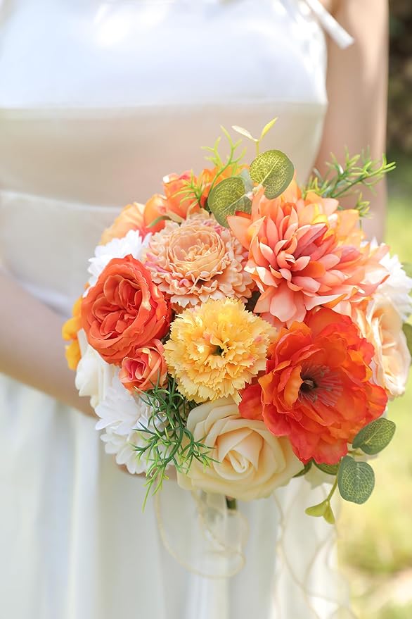Orange Artificial Flowers Combo Set Fake Flower Leaf Box with Stemst for DIY Wedding Bridal Bouquet, Centerpieces, Home Decor, Floral Arrangement Decor