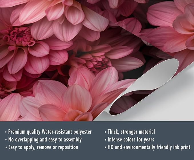 Pink Dahlia Floral Wall Mural, Blush Pink Dahlia 3D Wall Murals, Romantic Floral Wallpaper Mural, for Living Room Bedroom Large Wallpaper Indoor Decor 169.3" W x118.2 H