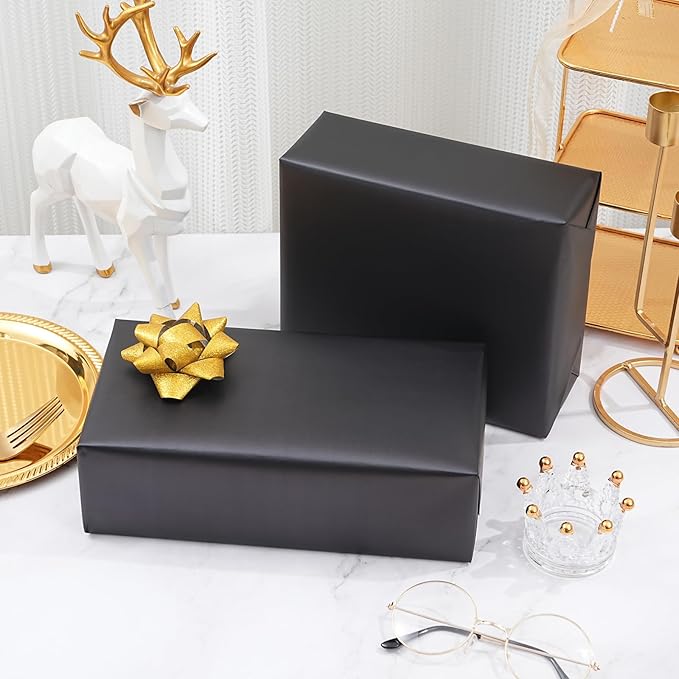 ZINTBIAL Matte Black Wrapping Paper Roll with Cut Lines - Solid Black Holiday Gift Wrap for Graduation, Birthdays, Wedding, Christmas, All Occasion - 17.5 in x 33 ft (48 sq. ft), Easy to Cut
