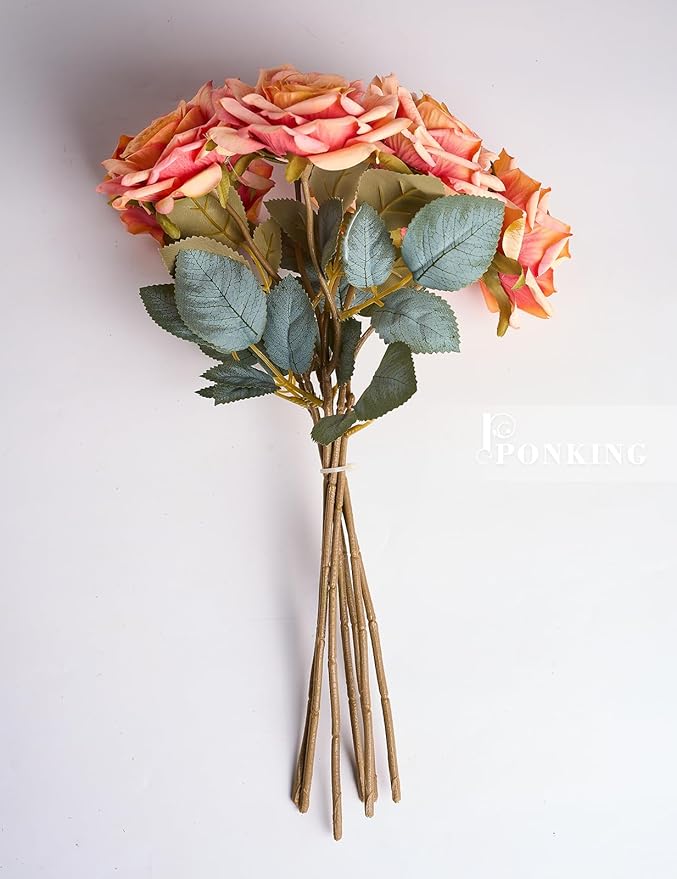 3.1"(8cm) Manta Rose Artificial Flower 7pcs Realistic Faux Silk Roses Fake Flowers Bouquets Arrangements Decor for Wedding Spring Mother's Day, Home Table Decorations, Orange Flower