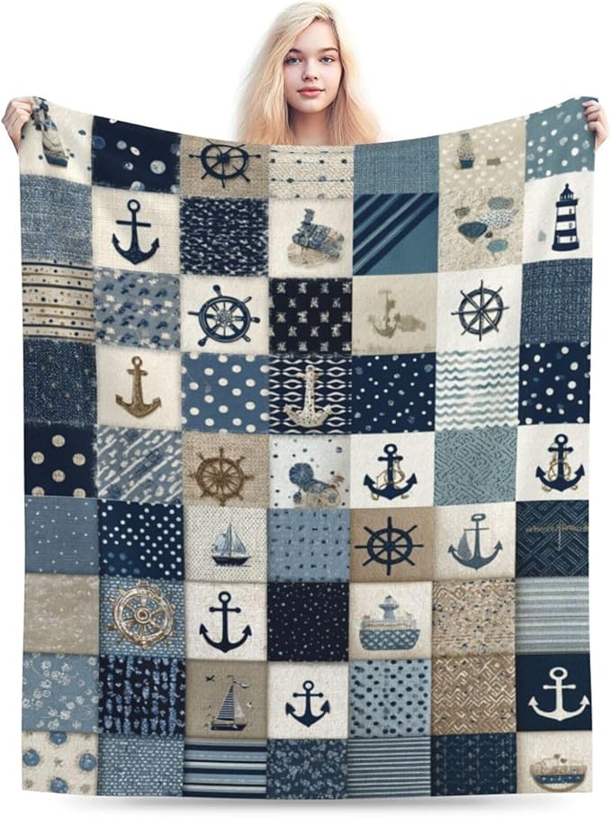 Nautical Blanket Ocean Sea Throw Blanket Sailboat Anchor Soft Cozy Fleece Fuzzy Stuffed Plush Flannel Gifts for Girls Women Boys Kids Adults 40''x50''
