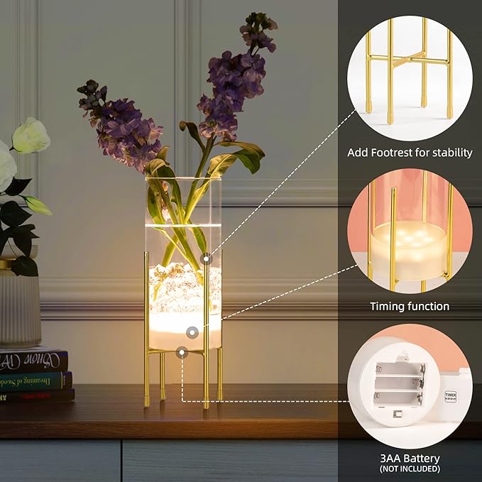 Flower Vase for Decor, Clear Vase with Gold Stand, Modern Decorative with Timer LED Lights Battery Operated, Centerpiece/Wedding/Party (Set of 2)