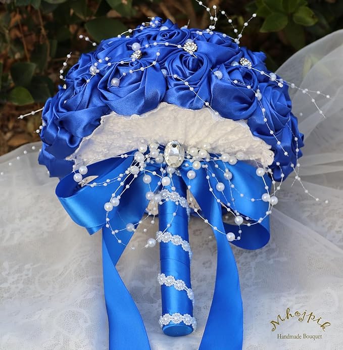 Bridal Wedding Bouquet Round Bling Brooch Bouquet Throw Toss Artificial Rose Flower Bunch for Bride Bridesmaid Wedding Quinceanera(Royal Blue, 6.3")