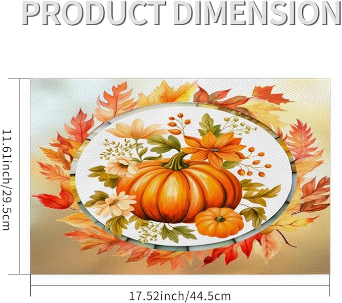 Fall Autumn Flower Pumpkin Placemats Set of 6 PVC Vinyl Non Slip Table Mats Heat Resistant Place Mats Washable Wipeable Dining Table Mat for Kitchen Decor Party Indoor Outdoor Decorative Gift