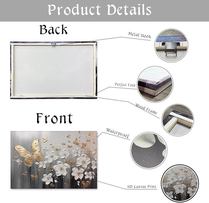KPLUNDO Glod Butterfly Wall Art White Flower Canvas Prints Wall Decor Gray Poster Landscape Picture Modern Artwork Home Decor for Office Living Room Bedroom Bathroom Decoration(Art-1,20.00x30.00 inch)