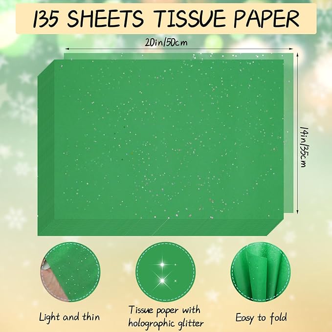 135 Sheets Green Tissue Paper for Gift Bags 20 x 14 Inch Glitter Tissue Paper Bulk for Art DIY Crafts Christmas Wedding Birthday Holiday Decor