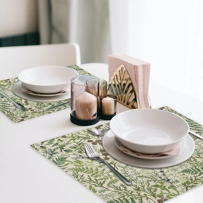 Retro Botanical Placemats Set of 6, 17x12 Inch Rustic Farmhouse Green Leaves Vintage Plants Aesthetic Table Mats for Home Party Kitchen Dining Decor