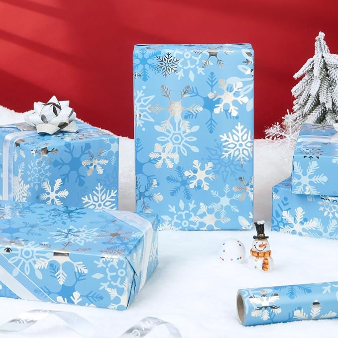 WERNNSAI Christmas Wrapping Paper Roll - 1 Roll 17”x 33 ft Blue Christmas Snowflake Wrapping Paper for Kids Girls Gift Packing Decorations Birthday Holiday Baby Shower Party Supplies