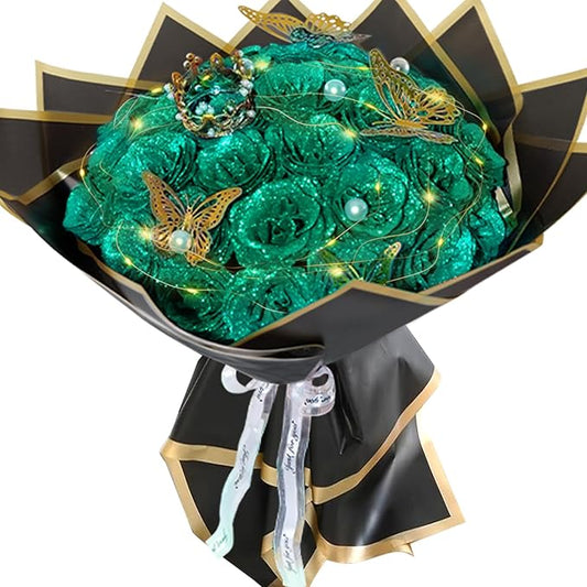 Dark Green Glitter Roses Bouquet, 24 Pcs Shiny Glitter Flowers Bouquet, Everlasting DIY Artificial Roses Bouquet for Christmas, Birthday, Anniversary, Wedding, Engagement