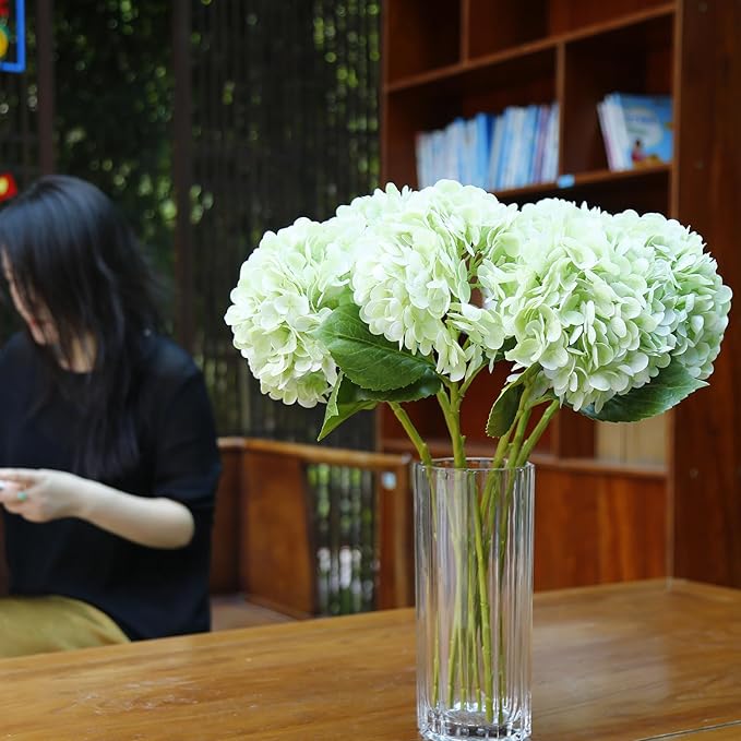 Fake Hydrangea Artificial Flowers with Stems 6 PCS 19.3" Latex Faux Hydrangea Flowers Bulk Real Touch for Vase Indoor Home Decoration Wedding Centerpieces Arrangements (Light Green)