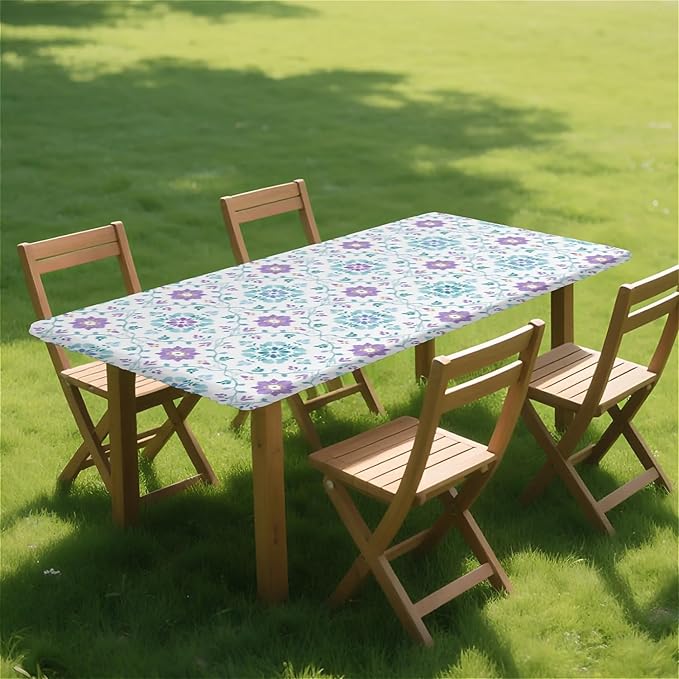 Rectangle Table Cloth Cover Waterproof Elastic Fitted Polyester Fitted Tablecloths for 6 Foot Tables for Indoor,Picnic, Camping, Outdoor （60" x 30"，Geometric Flowers）